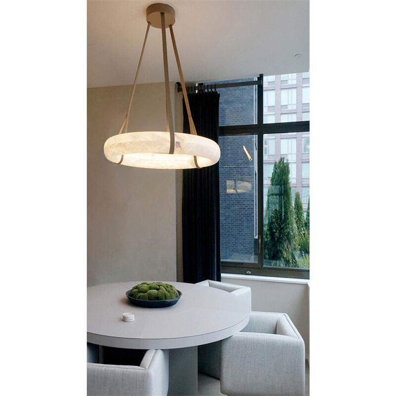 Halo Ring Alabaster Chandelier With Canopy Over Dining Table
