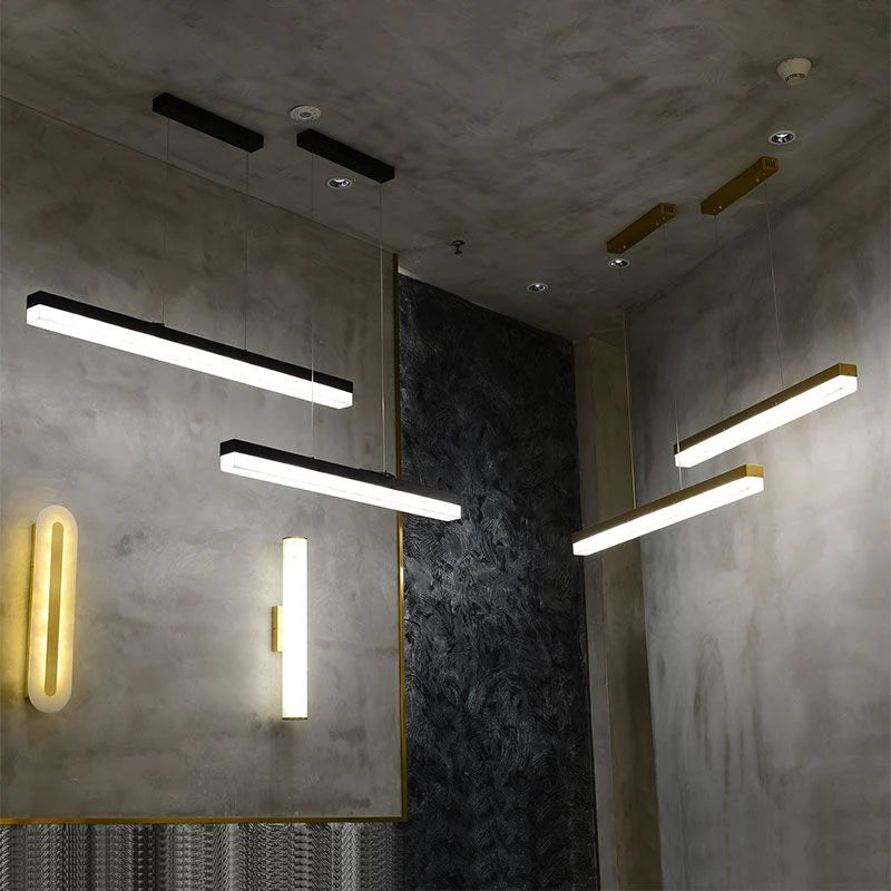 Modern Minimalist Alabaster Linear Chandelier Over Kitchen Island