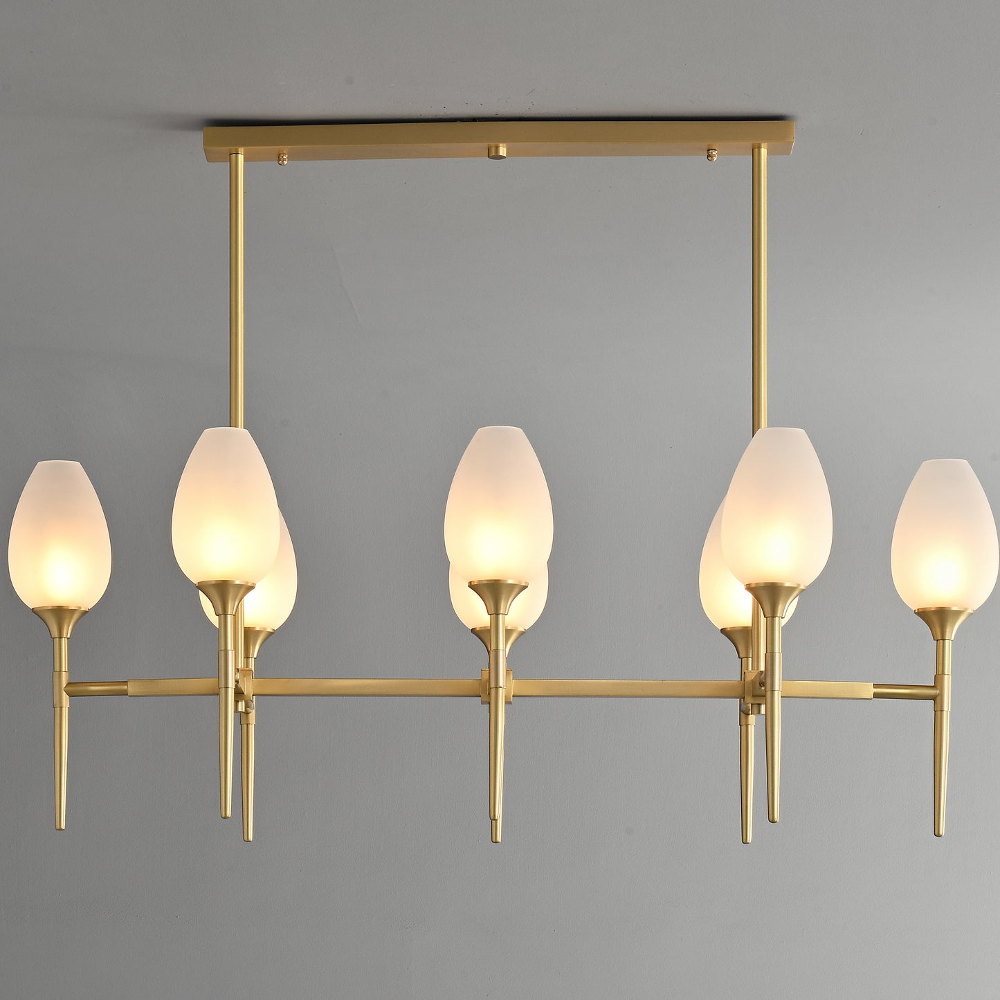 8 lights long brass chandelier with glass shade for dinning table