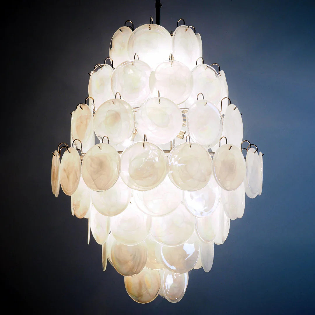Huge Vintage Murano White Disks Chandelier