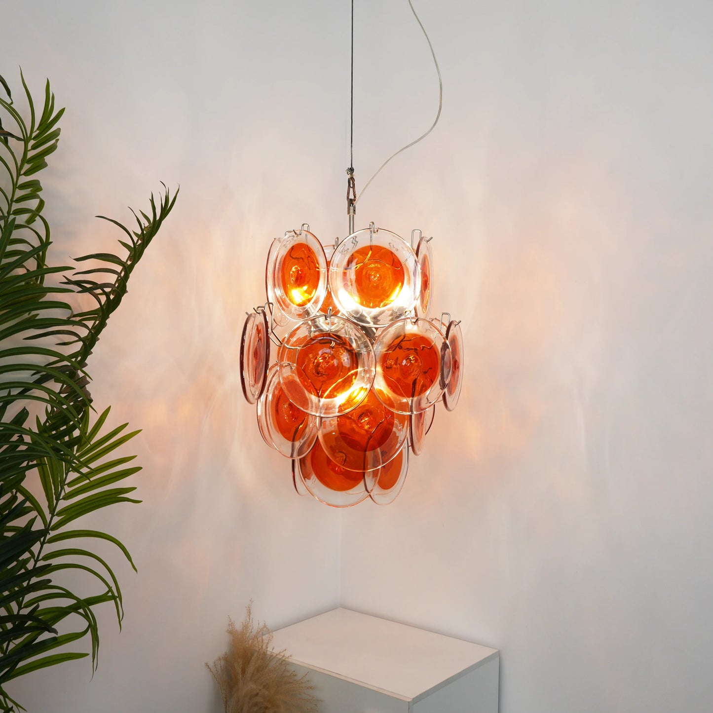 Vintage Murano Orange Transparent Disc Chandelier