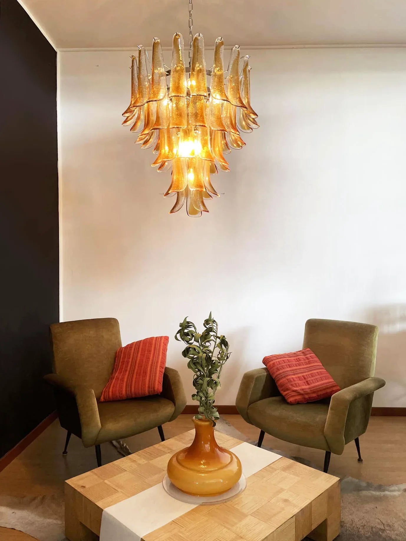 Vintage Transparent Amber Murano Petals Chandelier