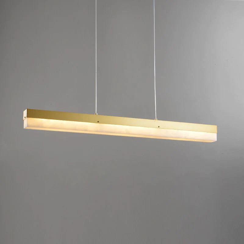 Modern Minimalist Alabaster Linear Chandelier Over Kitchen Island