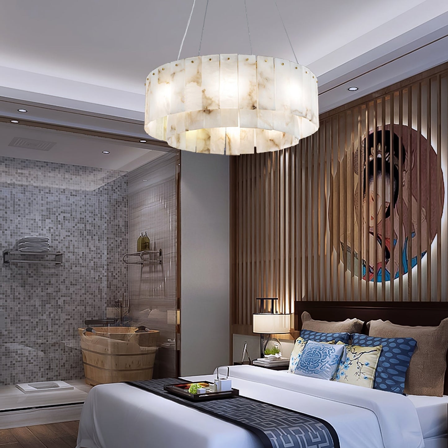 Two layers round Alabaster Chandelier
