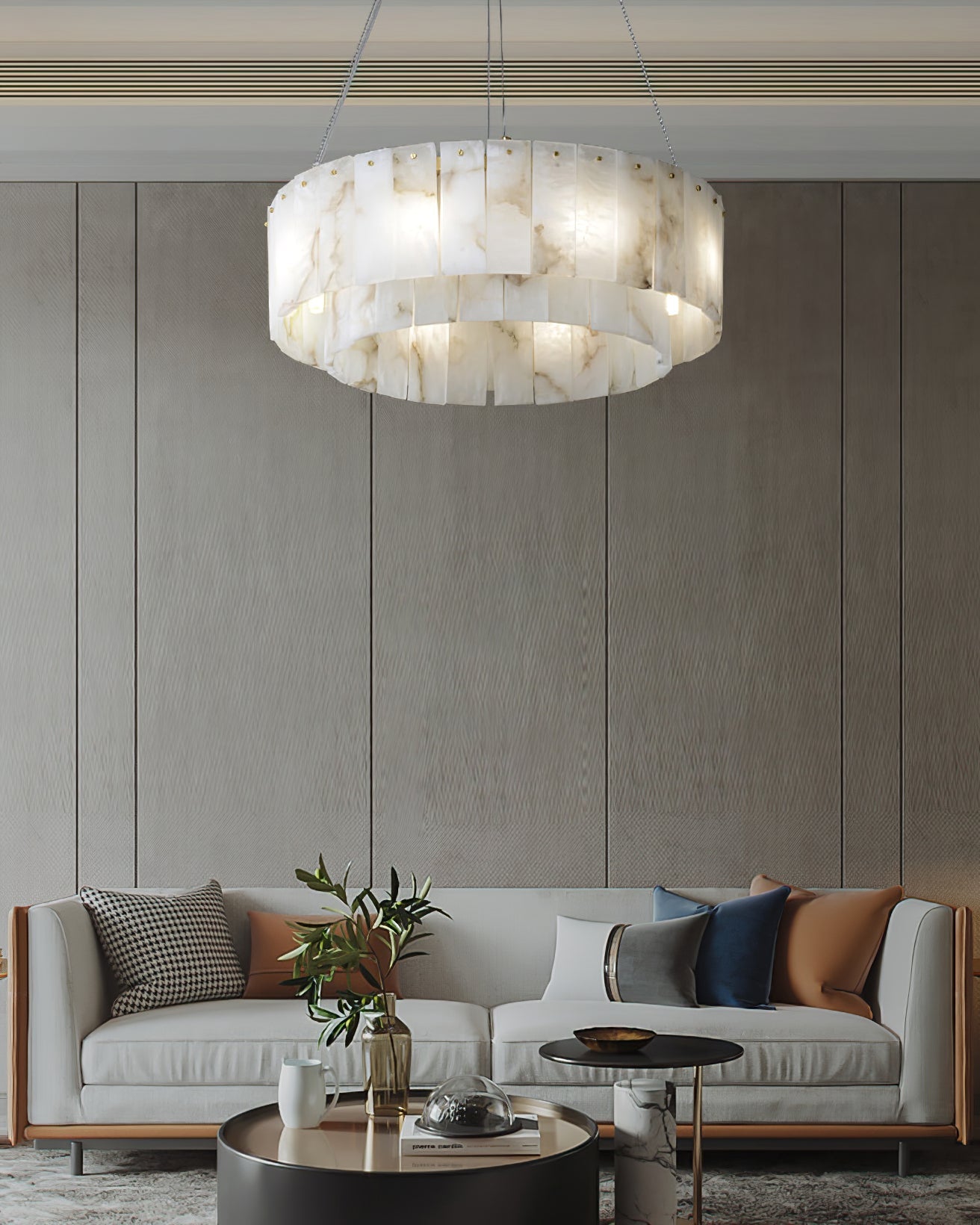 Two layers round Alabaster Chandelier