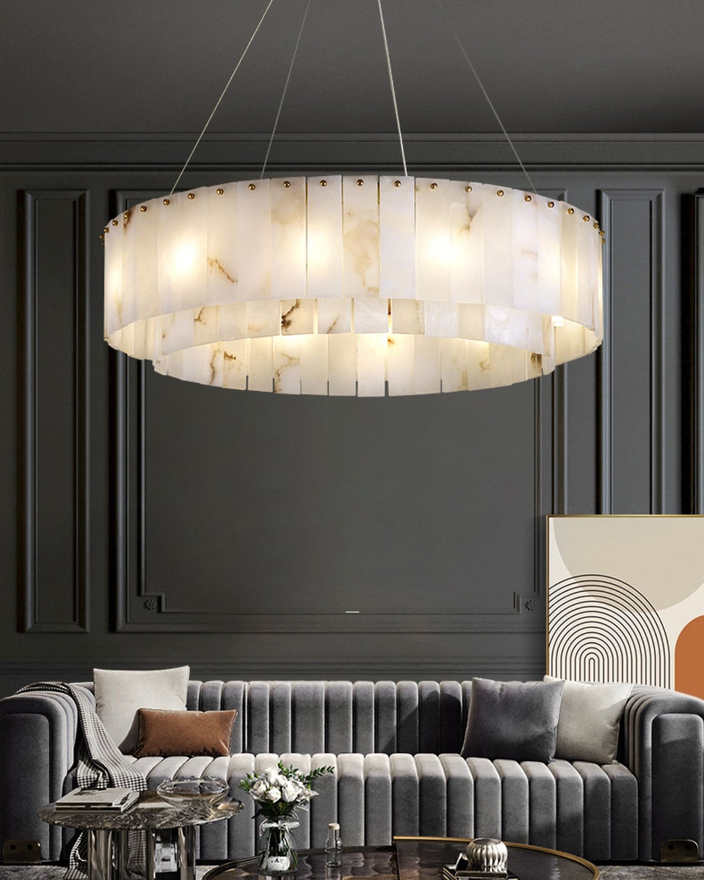 Two layers round Alabaster Chandelier