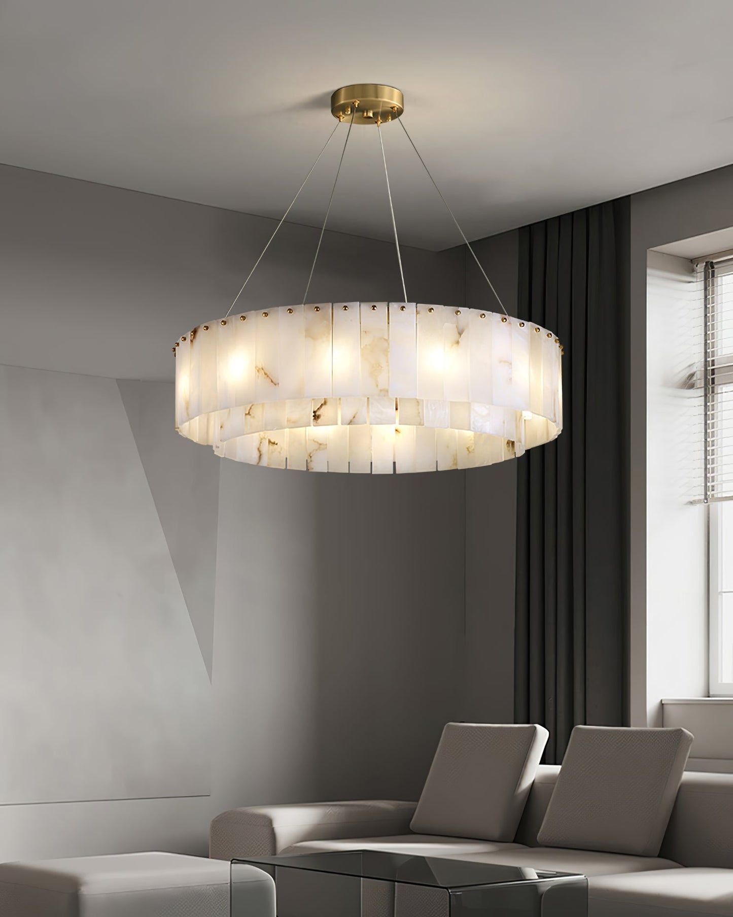 Two layers round Alabaster Chandelier