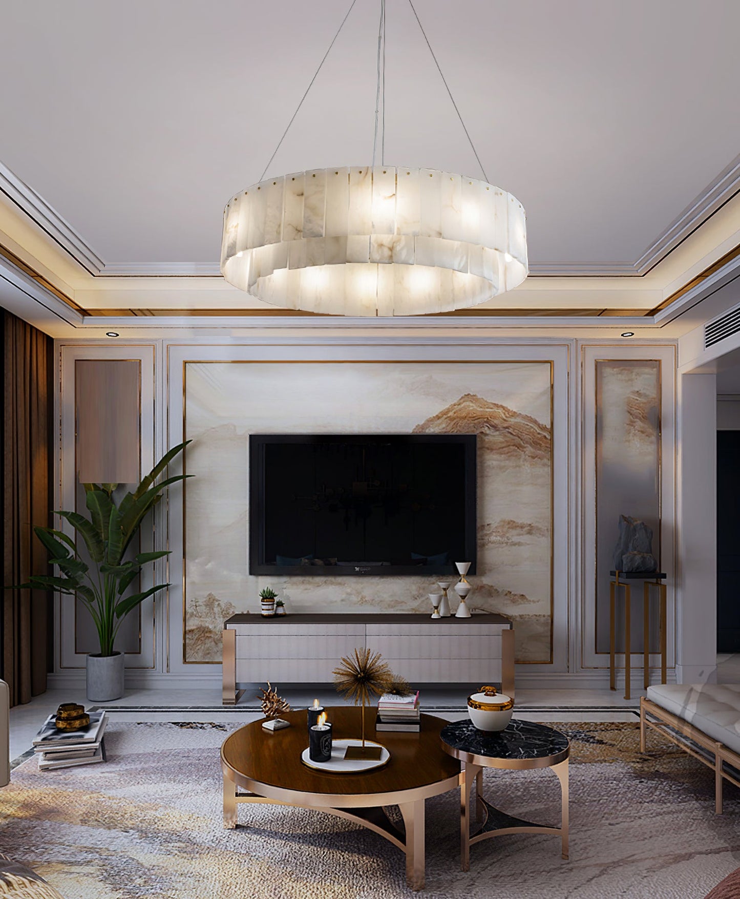 Two layers round Alabaster Chandelier