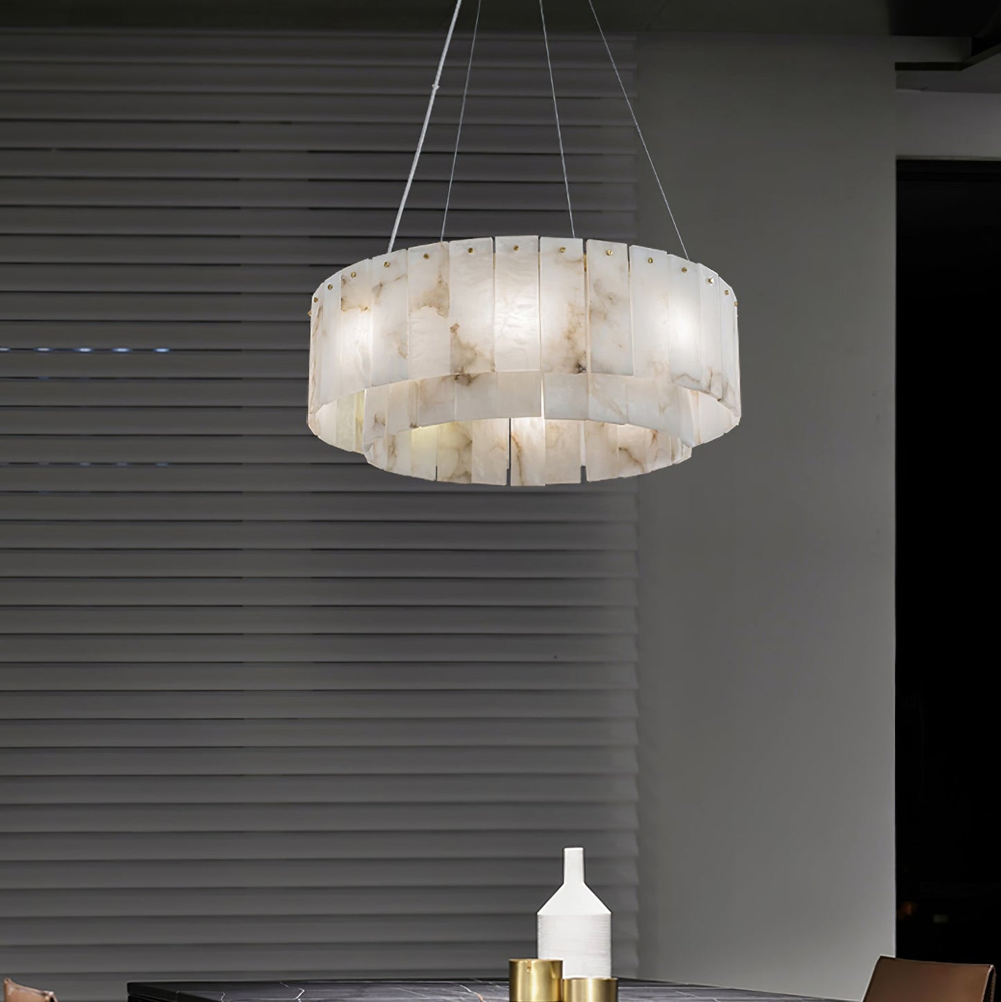Two layers round Alabaster Chandelier