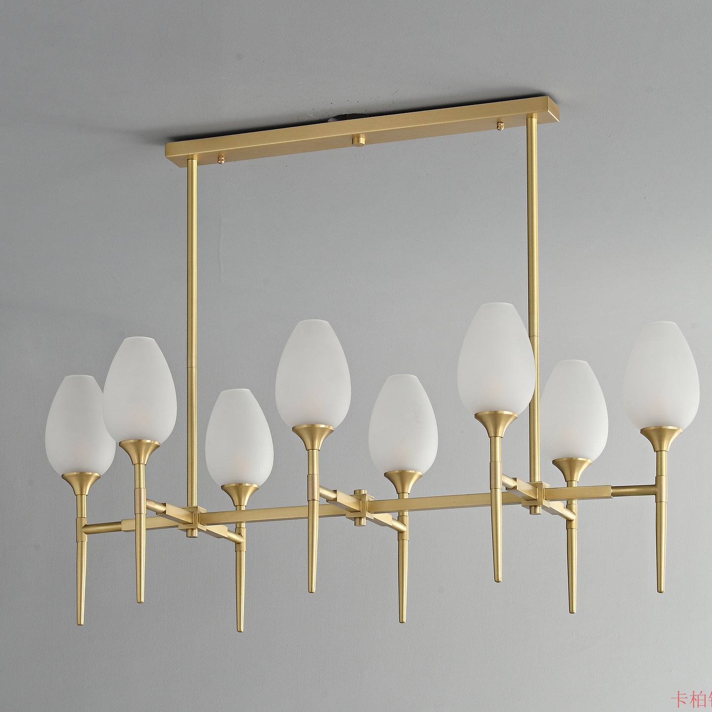 8 lights long brass chandelier with glass shade for dinning table