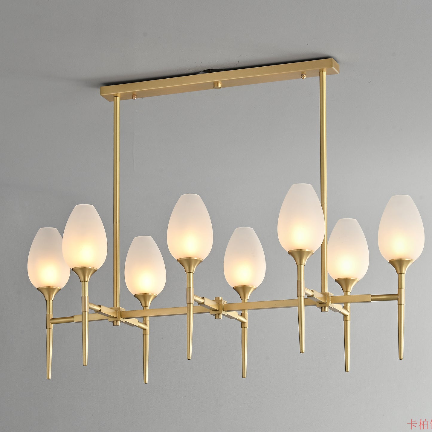 8 lights long brass chandelier with glass shade for dinning table