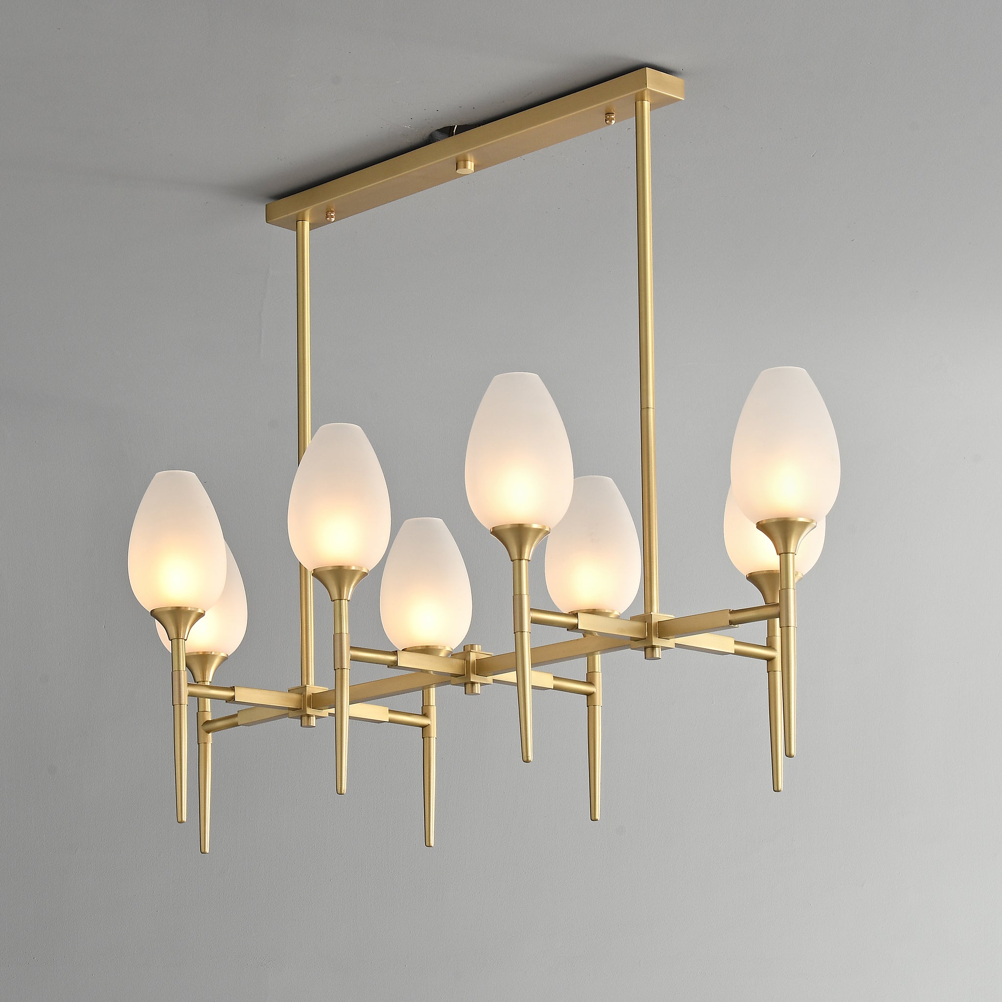 8 lights long brass chandelier with glass shade for dinning table