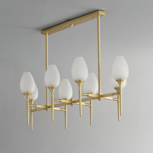 8 lights long brass chandelier with glass shade for dinning table