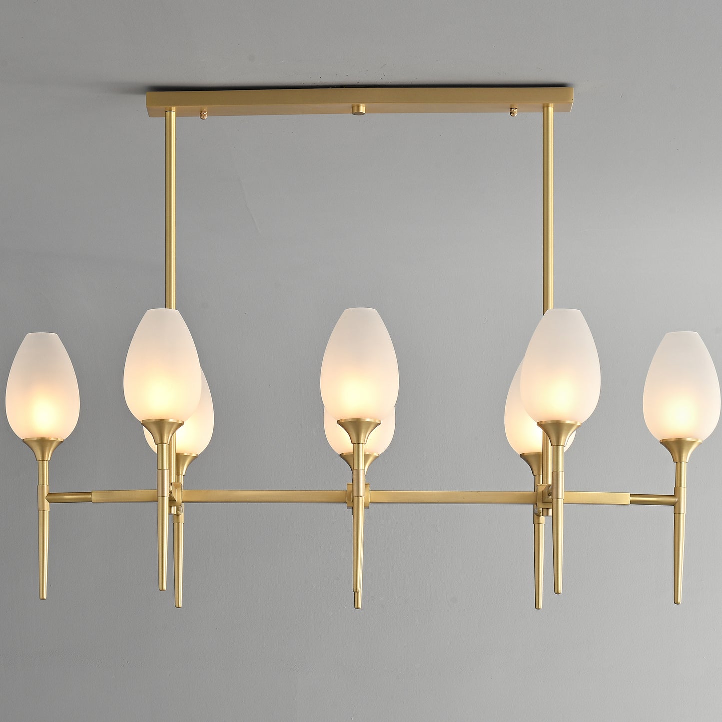8 lights long brass chandelier with glass shade for dinning table