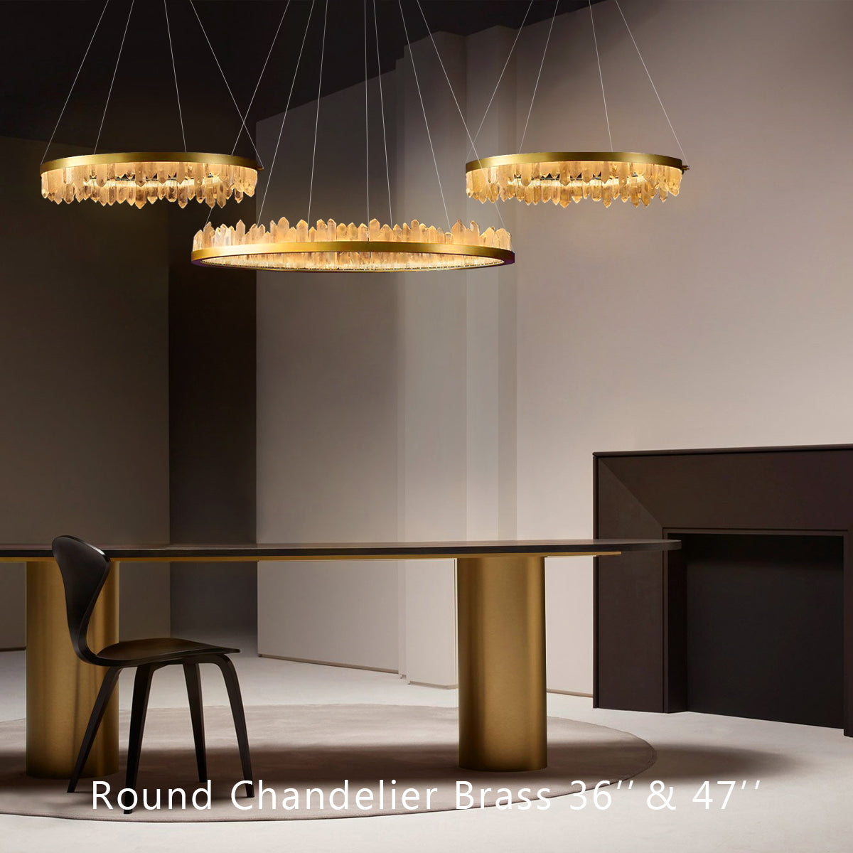 36 Inch Round Modern Chandelier Brass & Clear Geode Quartz Crystal Hanging Light