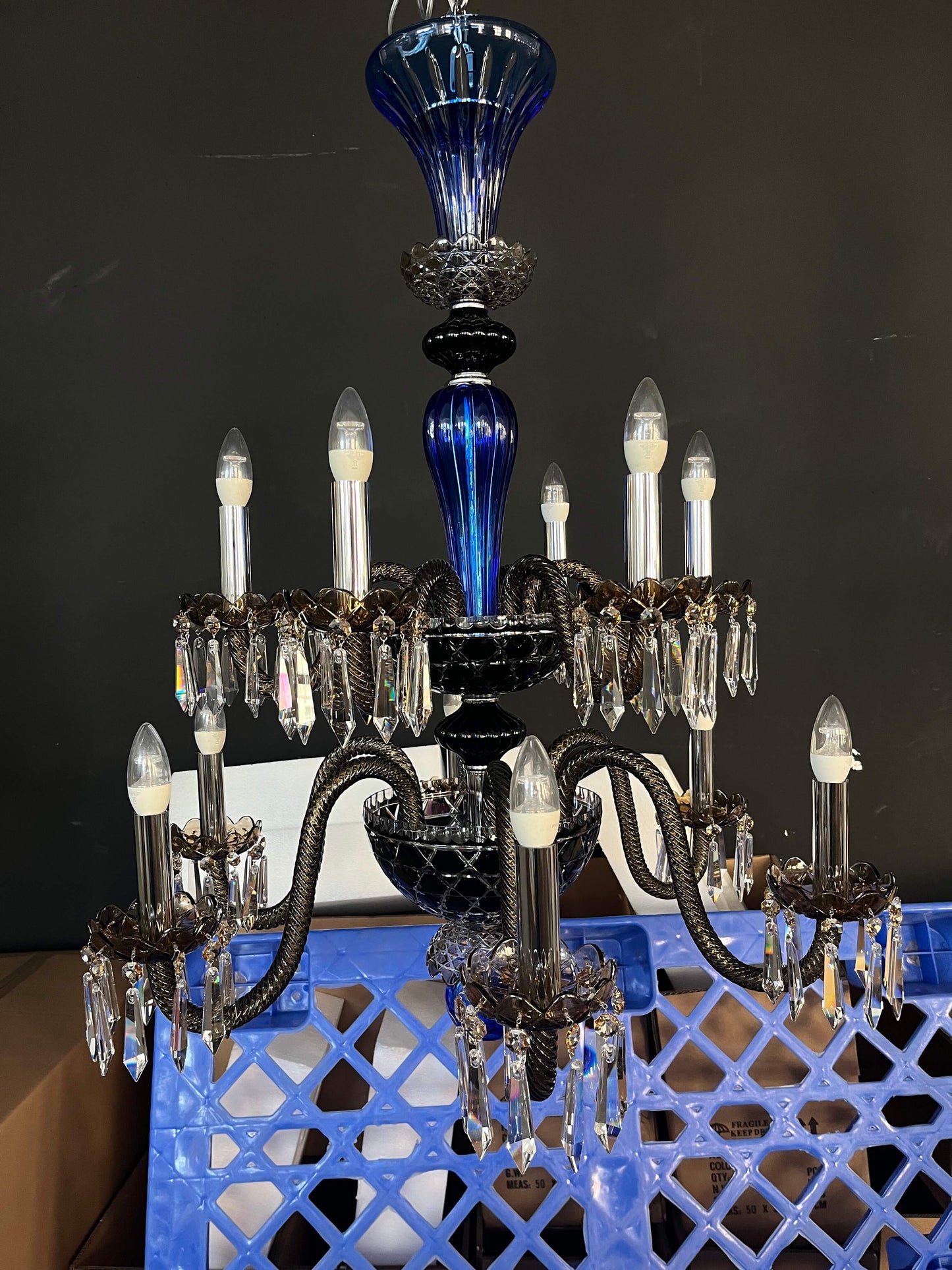 12-LIGHT AMETHYST CHARTREUSE-GREEN FLANNEL-GREY CHANDELIER
