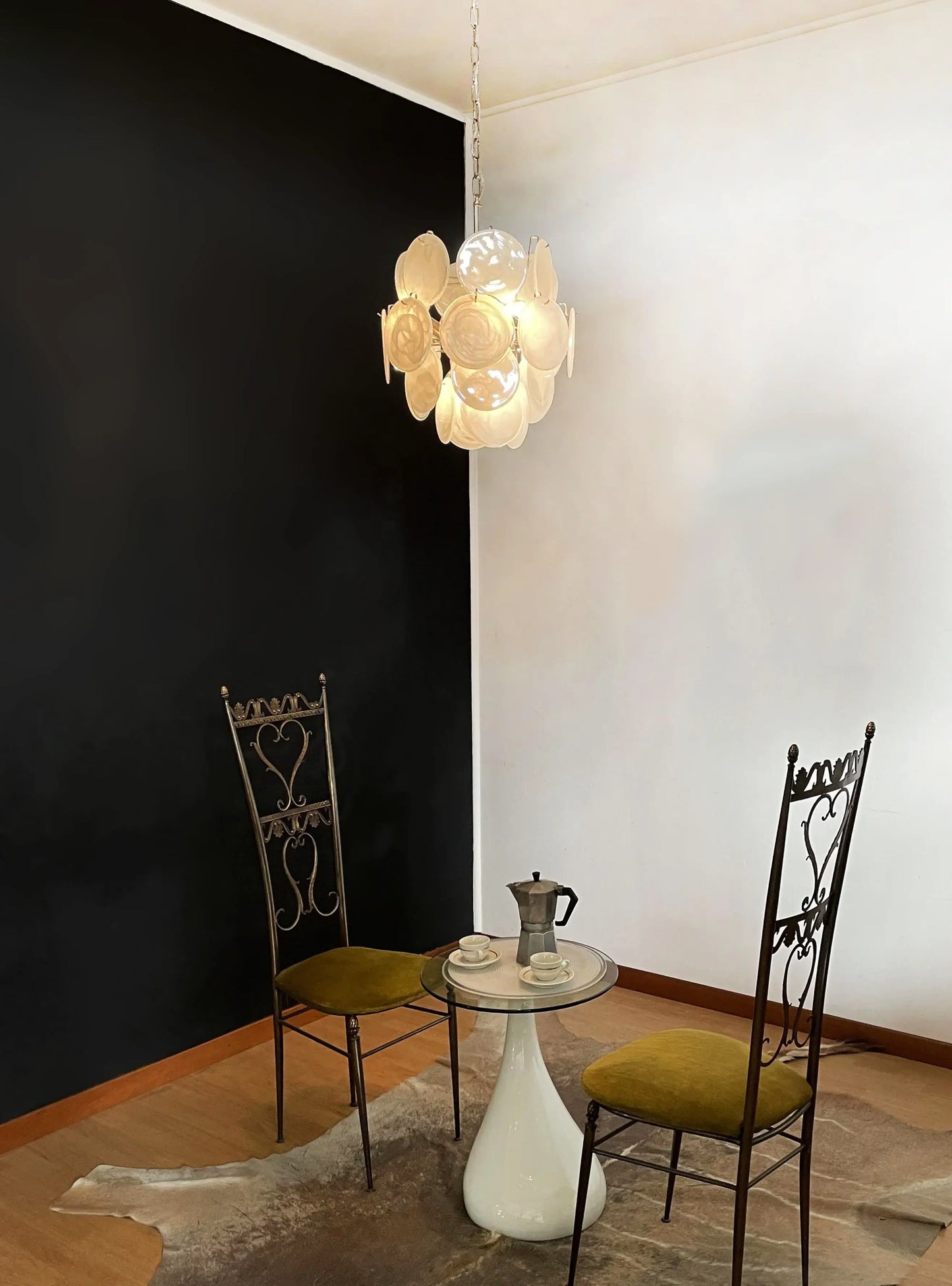 Vintage Murano White Glass Disks Chandelier