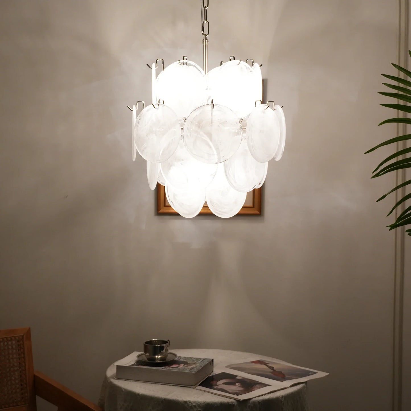 Vintage Murano White Glass Disks Chandelier