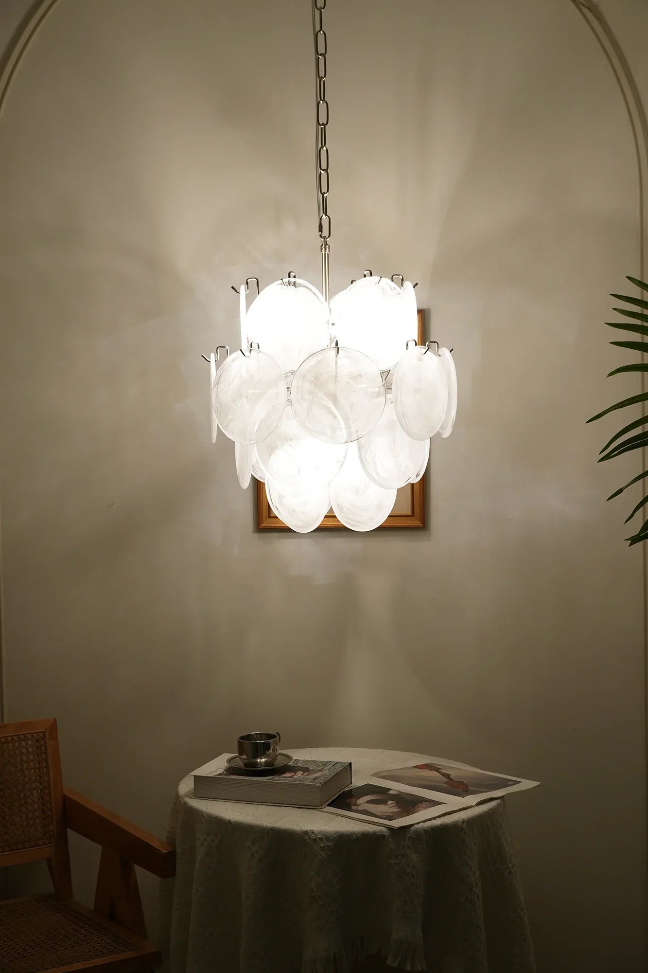 Vintage Murano White Glass Disks Chandelier